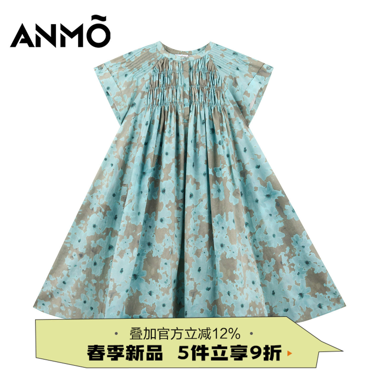 ANMO安墨短袖连衣裙夏季新款森系碎花甜美纯棉棉质中大童裙装