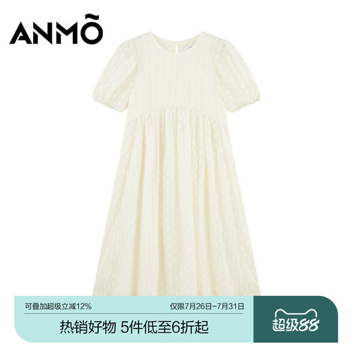 ANMO安墨短袖连衣裙夏季新款泡泡袖法式优雅甜美刺绣中大童裙装