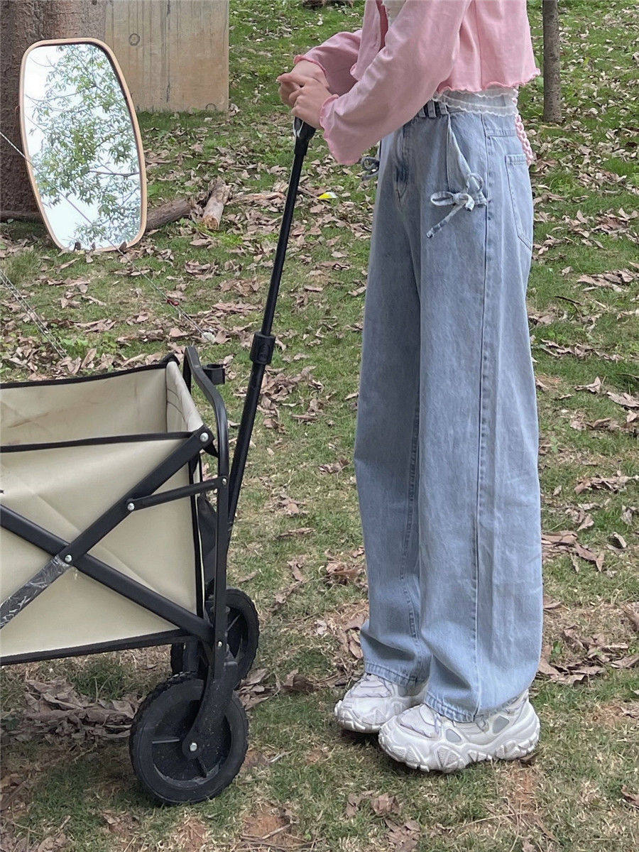 高腰蝴蝶结牛仔裤女韩版新款阔腿裤秋夏宽松ins学生直筒拖地裤潮