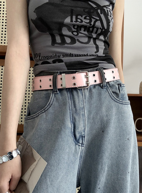 粉红色亚文化腰带女y2k朋克百搭裤带千禧辣妹 铆钉双排扣全孔皮带