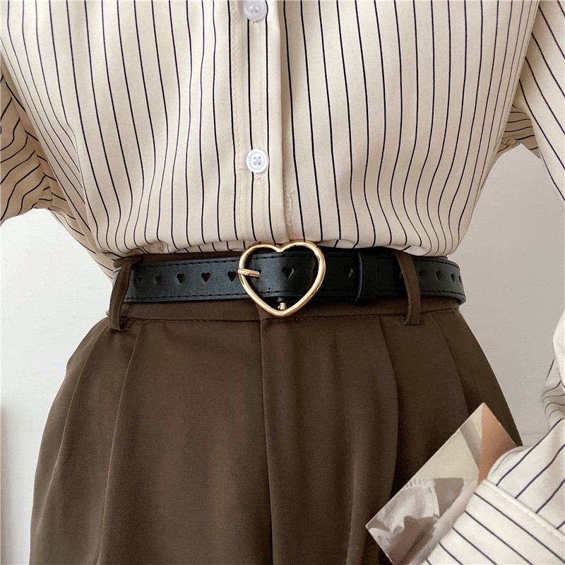 爱心全孔皮带女ins风百搭牛仔裤腰带黑色免打孔学生裤带装饰夏季