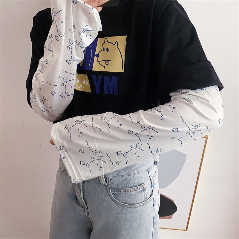 可爱卡通涂鸦喇叭袖大码宽松冰袖女防紫外线户外骑车学生防晒袖套