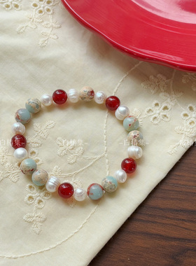 红玛瑙寿山石串珠手链小众设计感新中式复古淡水珍珠天然石手串女