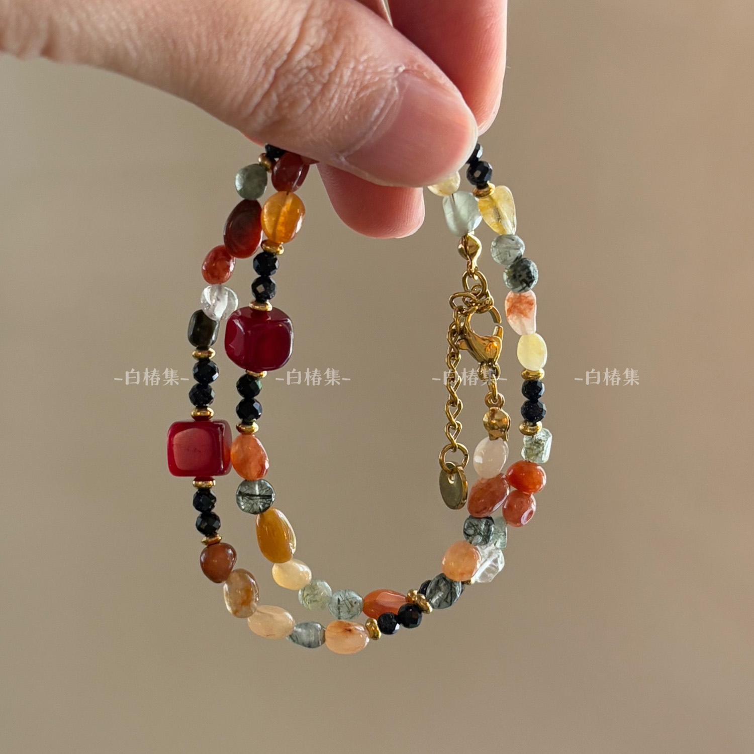 vintage 中古双圈叠戴手串波西米亚民族风彩色碎石玛瑙串珠手链女