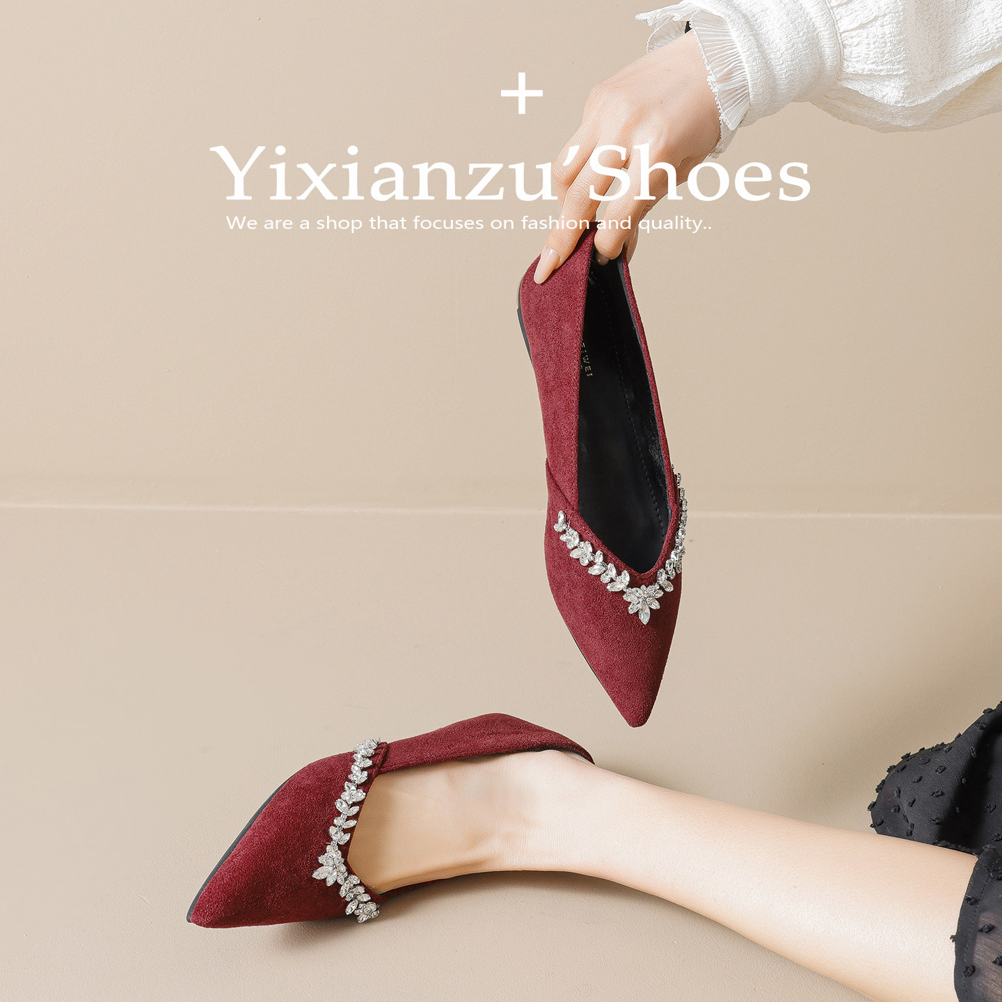 2026新款法式水钻尖头软底单鞋女平底浅口一脚蹬优雅气质红色婚鞋,女鞋,浅口单鞋,淘宝优惠券,粉丝福利购,淘宝优惠卷