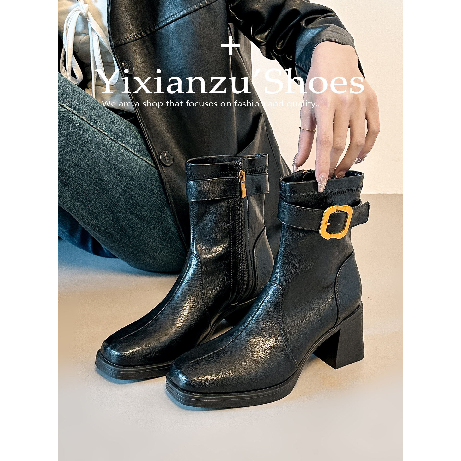 牛皮~2025冬新款法式复古皮带扣粗跟女士短靴方头黑色高跟瘦瘦靴