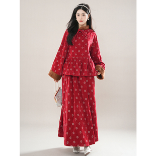 【小春禧】复古国风红色碎花套装冬季新中式毛绒设计感两件套新年