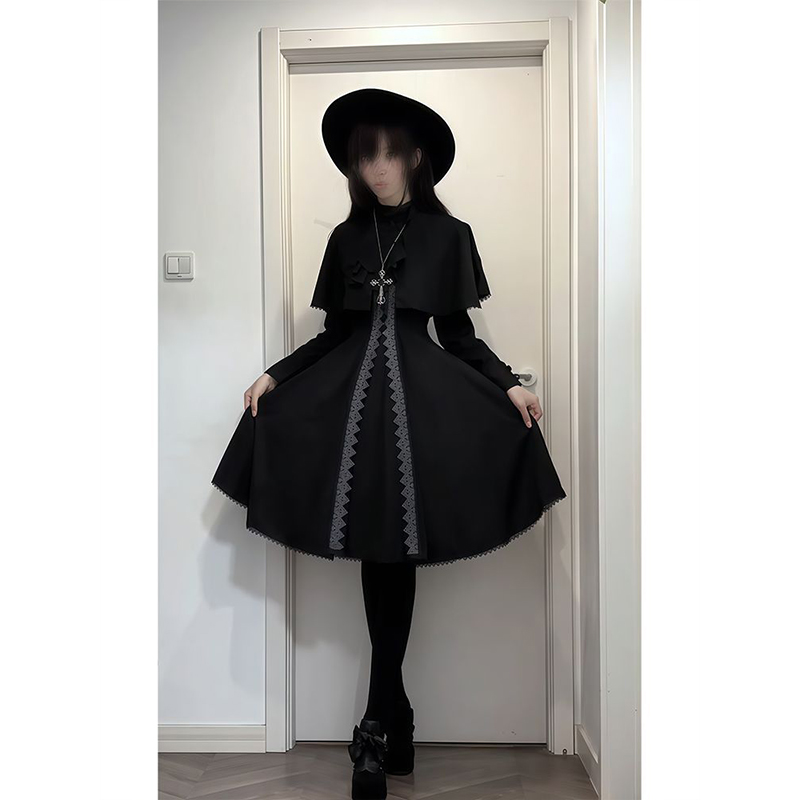 披肩+蕾丝花边连衣裙显瘦套装女