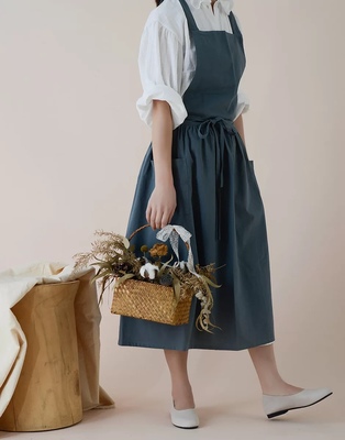 懒地时装围裙ins风日韩防水棉麻连衣裙烘焙花店园艺陶艺女工作服