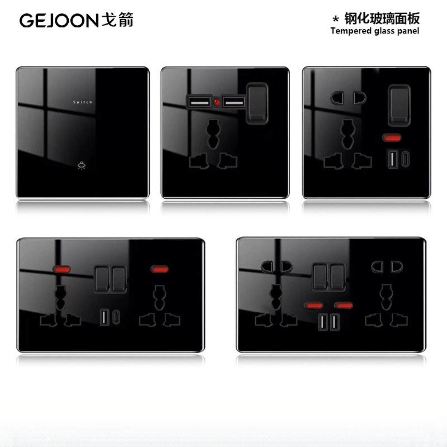 86型暗装港澳黑色钢化玻璃USB英式13A面板多功能五孔外贸开关插座