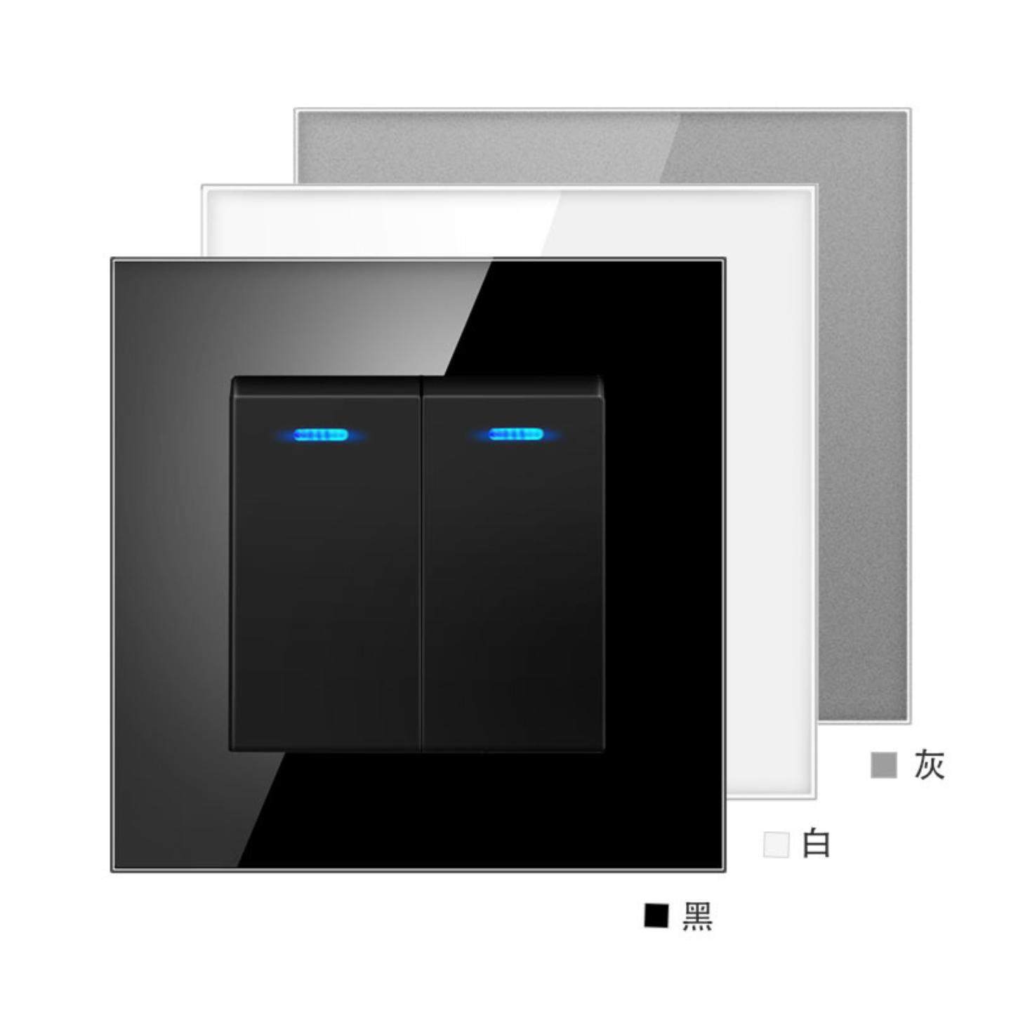 欧标86型墙壁暗装二开单控开关单联2开两开带LED灯家用钢化玻璃