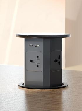 英标液压升降桌面插座英式插座无线充USB-A+C蓝牙音响15A灰色250V