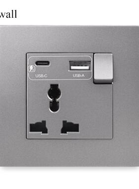 PC灰色面板 多功能 墙壁电源插座 接地 USB&typec充电端口 3A快充