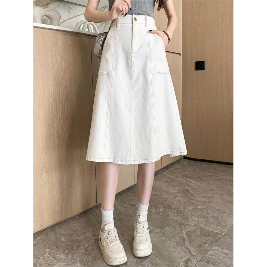 大码白色牛仔半身裙女夏新款胖mm梨型身材显瘦高腰中长款a字伞裙