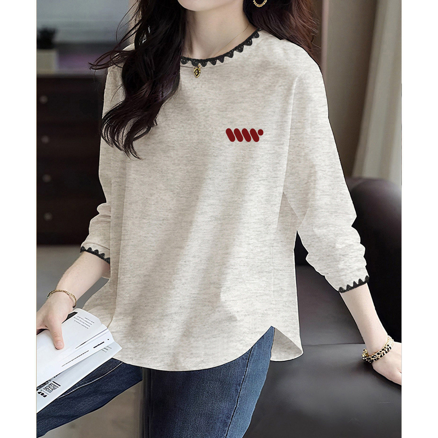 半糖温柔衣馆小个子纯棉弧形下摆打底衫设计感长袖T恤女春秋款通