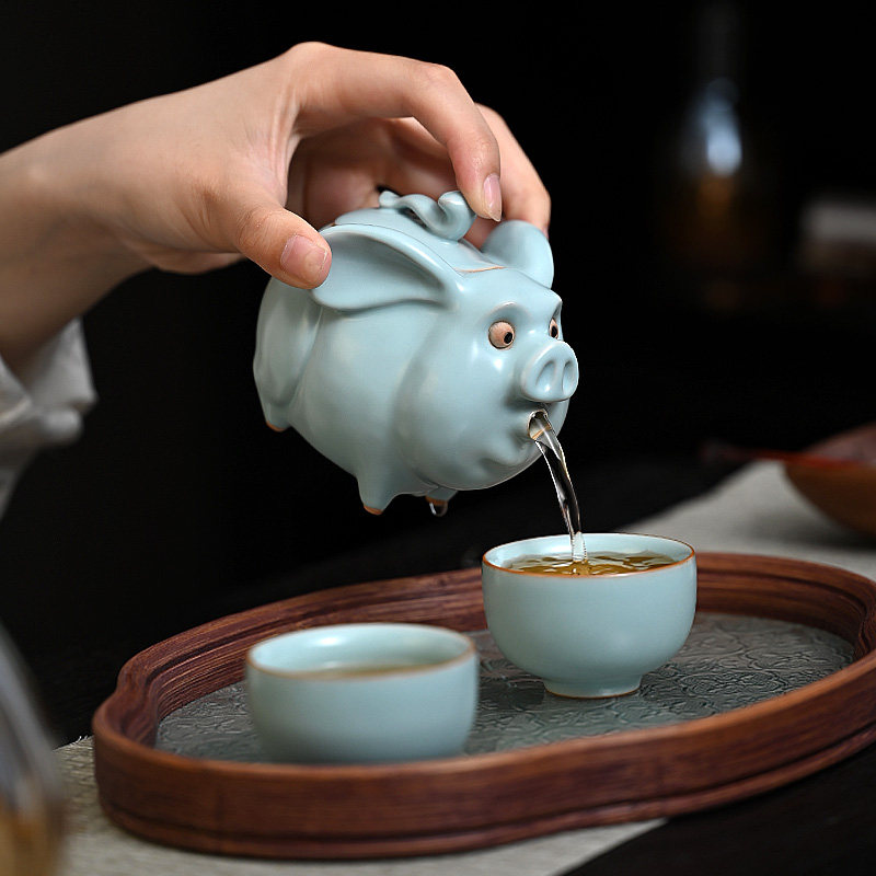 如意小猪天青汝窑茶壶泡茶家用茶具套装稀奇古怪创意可爱生日礼物