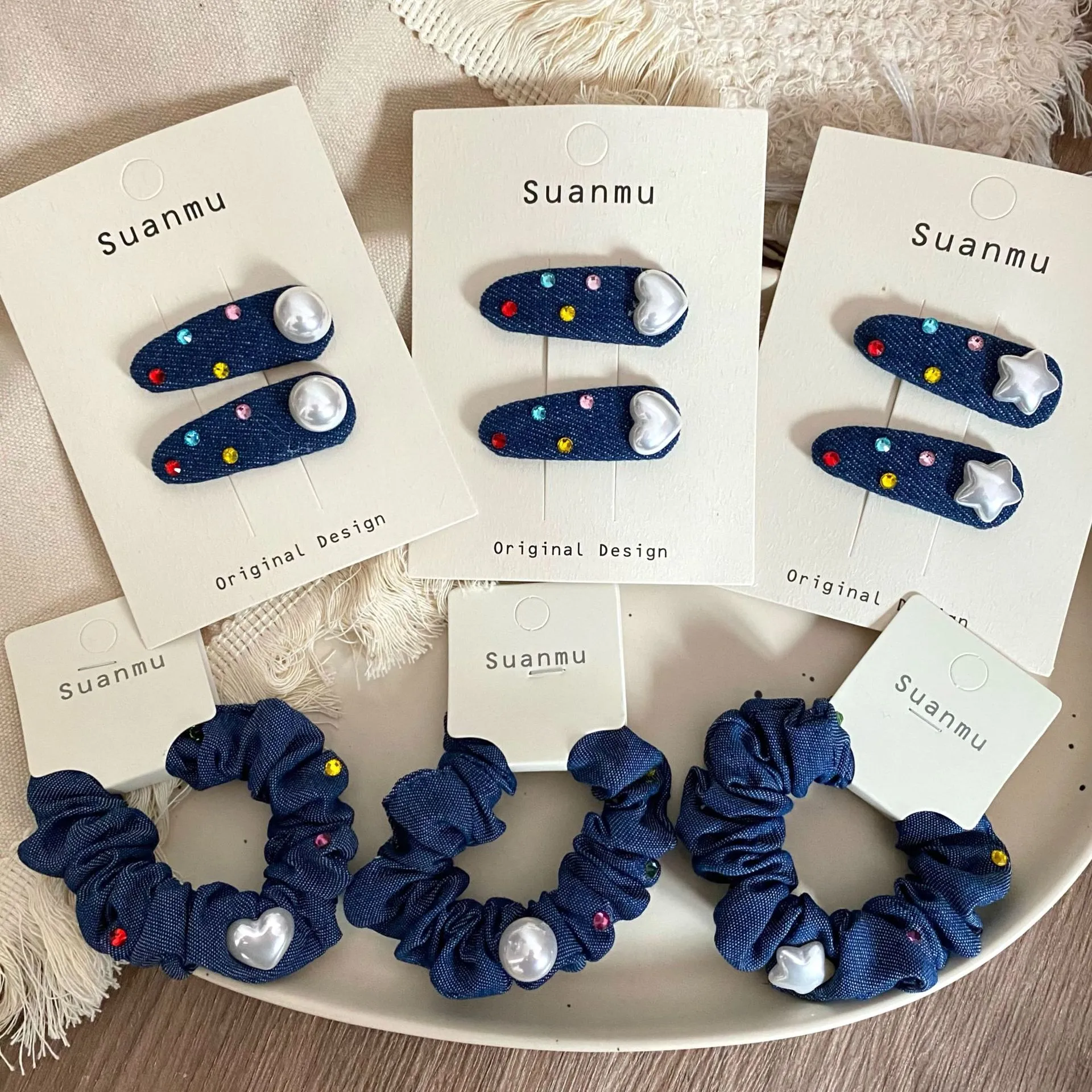 新款牛仔烫钻珠珠儿童发夹发圈发卡边夹皮筋