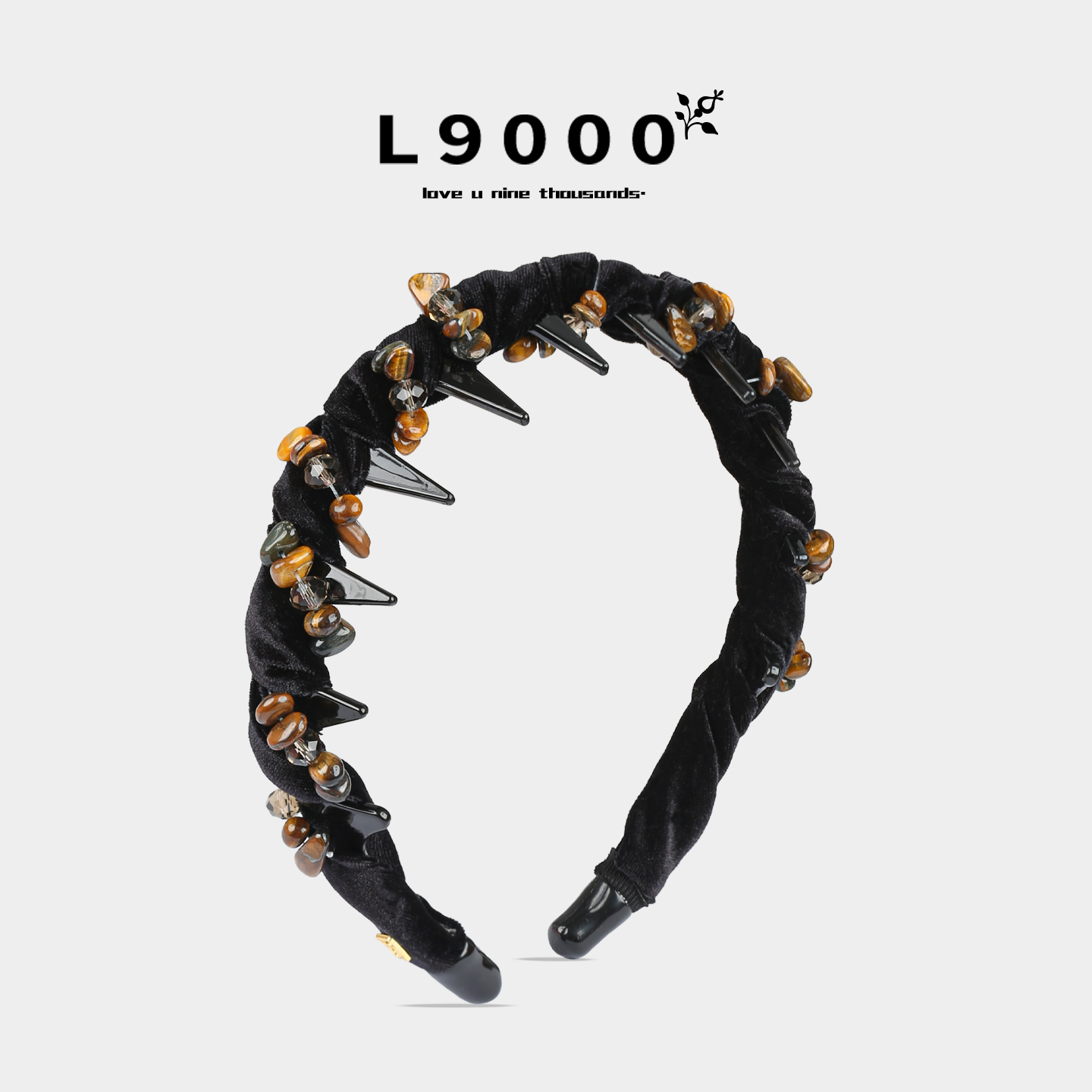 L9000/黑色丝绒天然石发箍高颅顶防滑头箍高级感正反两戴发饰2026