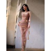 狂野玫瑰 爆闪亮片褶皱收腰露背连衣裙party小礼服