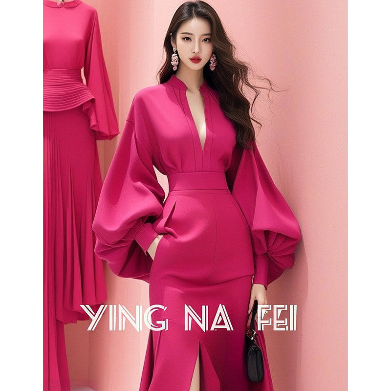 复古春季穿搭2025新款玫红色收腰不规则连衣裙女长裙,女装/女士精品,大码连衣裙,淘宝优惠券,粉丝福利购,淘宝优惠卷