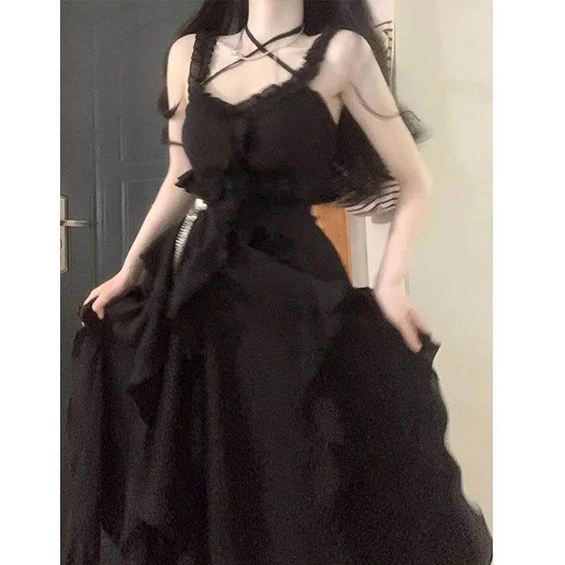 法式黑色吊带连衣裙女夏