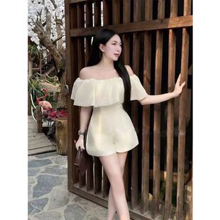 法式温柔风荷叶边一字肩连体裤女夏季高级感轻奢洋气减龄显瘦短裤