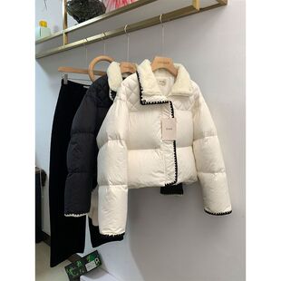 正版小香风拼接羽绒服女短款2025冬新款韩系撞色羊羔毛领外套