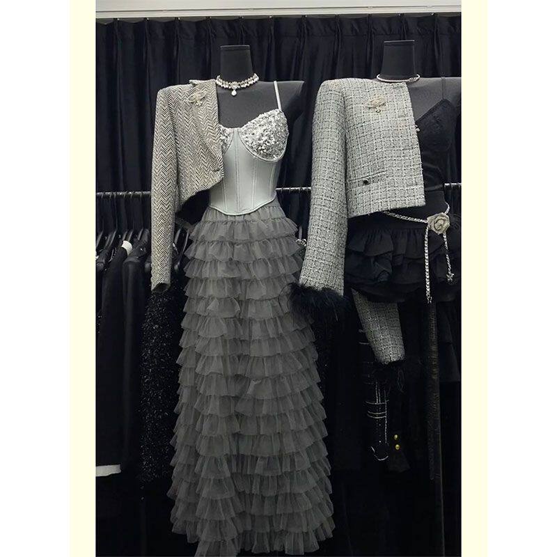 春秋搭配一整套高级感欧货洋气小香风外套亮片吊带蛋糕裙子三件套
