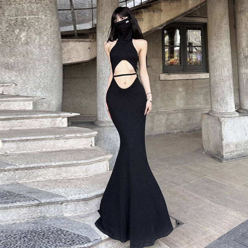 【现货秒发】缕空纯欲辣妹风黑色连衣裙女新款修身显瘦长裙露腰