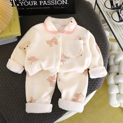 秋冬珊瑚绒儿童睡衣女童法兰绒家居服套装宝宝冬装外出衣服加绒厚