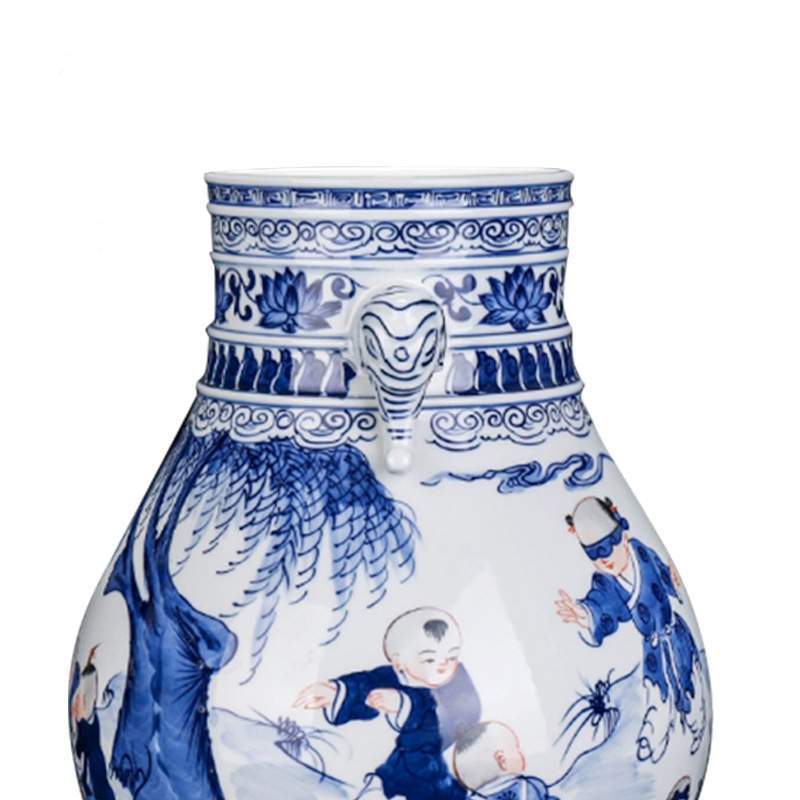 景德镇陶瓷新中式青花纯手绘童子戏图双耳象尊花瓶瓷瓶摆件可收藏