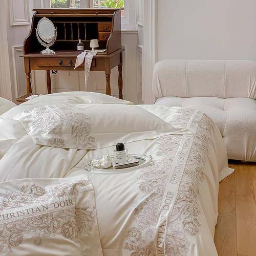 新款高端轻奢100支长绒棉四件套全棉公主风被套纯棉刺绣床上用品4