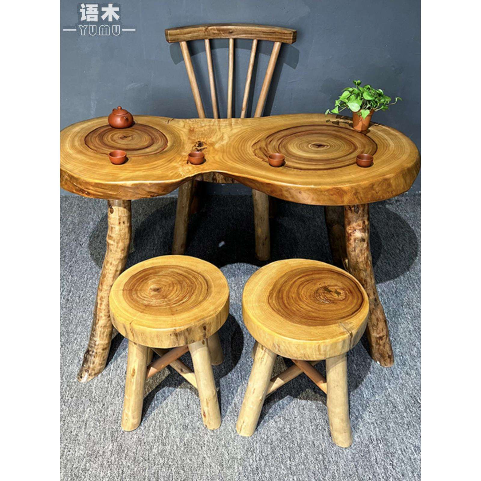小型餐桌实木香樟木阳台小桌家用吃饭喝茶茶桌根雕桌民宿风