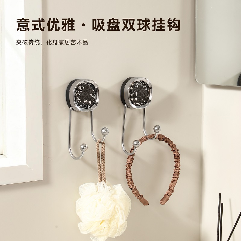 水墨风吸盘双球挂钩免打孔门后挂衣钩壁挂强承重真空无痕浴室粘钩