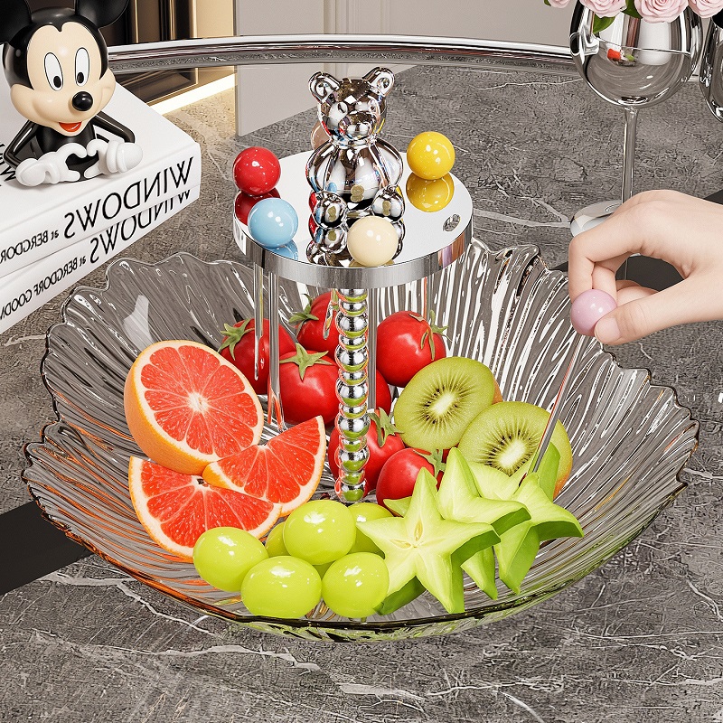 带叉花瓣水果盘创意透明带卡通小熊甜品叉塑料PET网红花瓣甜品盘