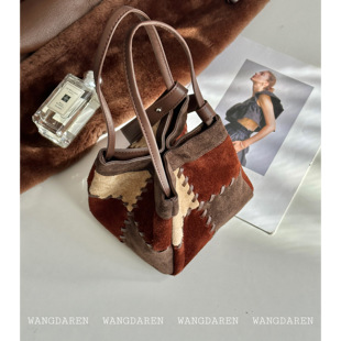 植鞣小牛皮拼接水桶包女真皮美拉德拼色中古腋下包手提单肩包