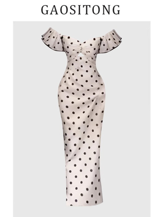 Gaositong French Retro Off-Shoulder Polka Dot Tube Top Dress for Women, Spring 2025, Gentle Style, Slim Fit, Bodycon Long Dress
