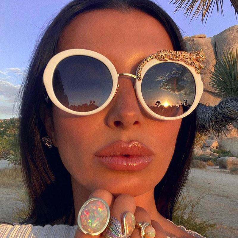 欧美ins新款时尚圆框墨镜女豹子防蓝光镶钻大框太阳镜sunglasses