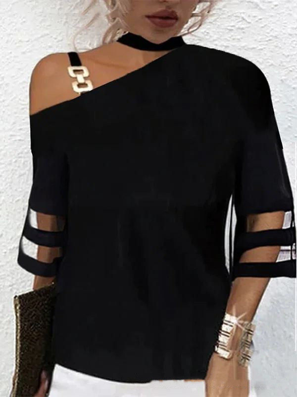 Womensling off shoulder V-neck T-shirt吊带露肩v领纯黑色女T恤