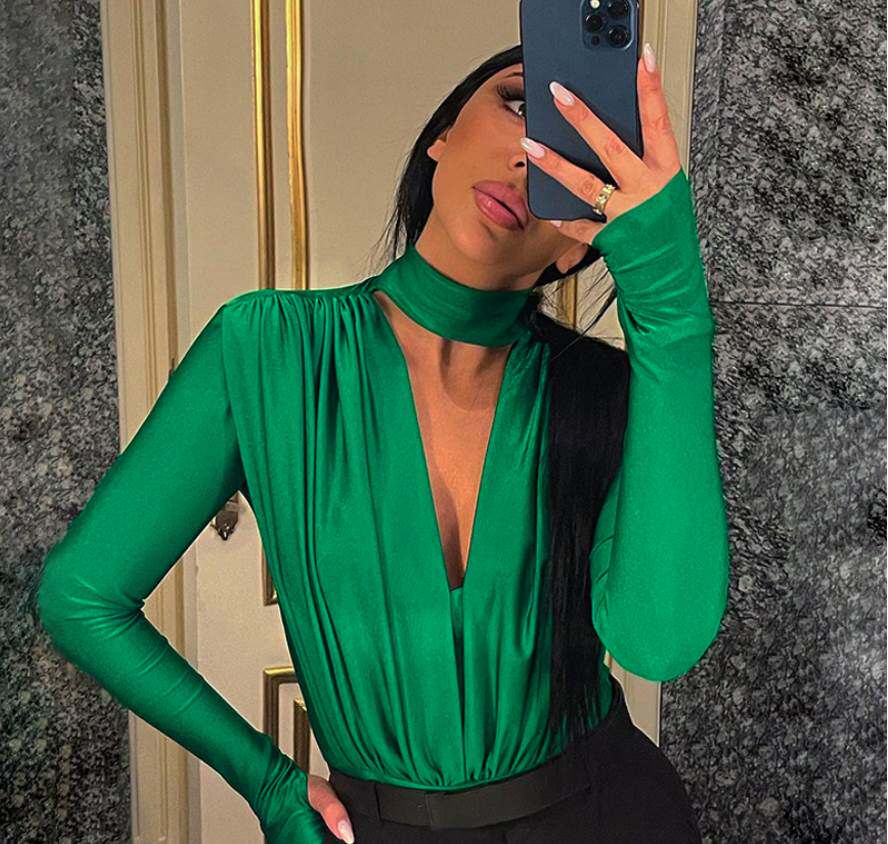 Pleated V-neck Bodysuit 欧美性感V领褶皱长袖打底衫修身连体衣