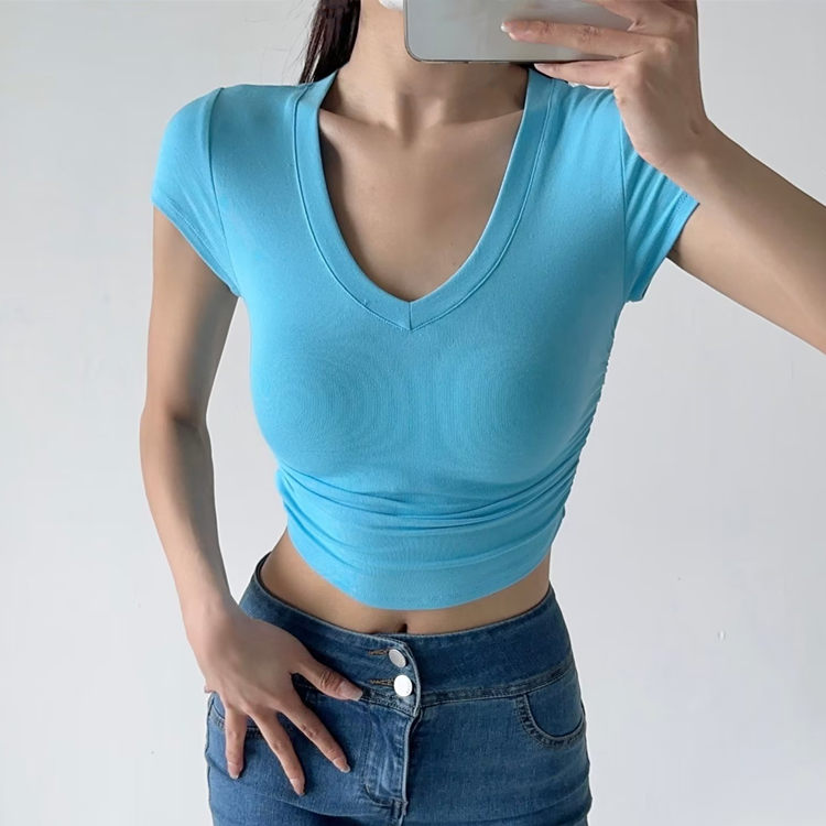 欧美风修身显瘦短款露肚脐V领短袖T恤女夏季纯色两侧抽褶收腰上衣