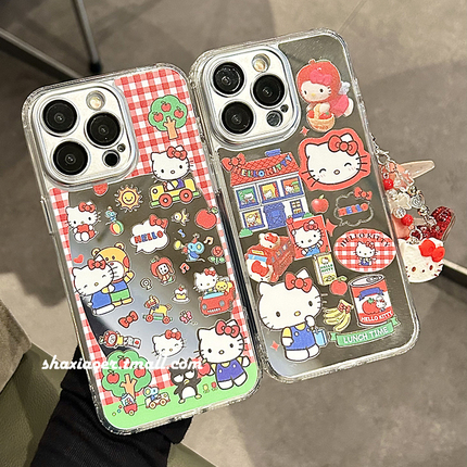 可爱镜面HelloKitty镜头膜链条适用苹果15手机壳iphone14promax女款15pro新款13防摔12亚克力软边硬壳11卡通