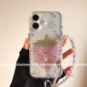 ins风透明镭射大草莓带挂绳适用苹果17promax手机壳iphone16pro女款 15新款 13防摔14保护套少女心网红小众韩风