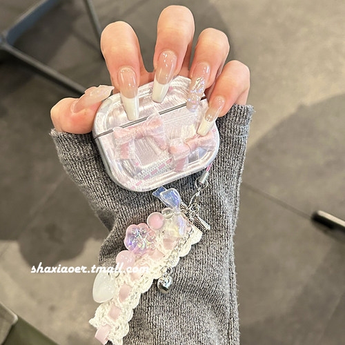 粉色羽纱蝴蝶结挂饰适用airpodspro2保护套苹果无线蓝牙耳机套airpods2女4新款airpods3软耳机壳防摔可爱pro3