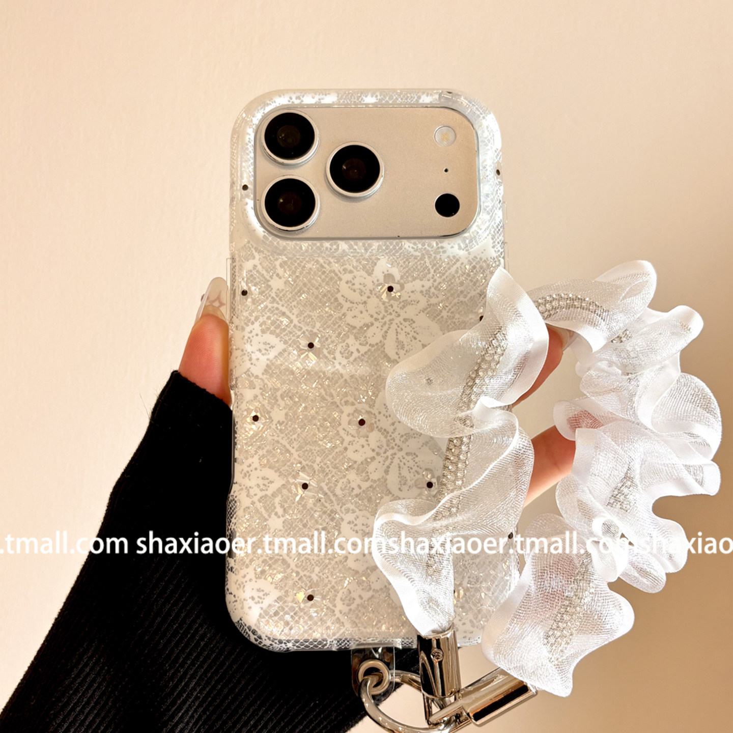 白蕾丝细闪扶桑花带花纱挂绳适用iPhone17手机壳苹果18promax女款18pro新款15防摔16pro保护套千金风轻奢仙气