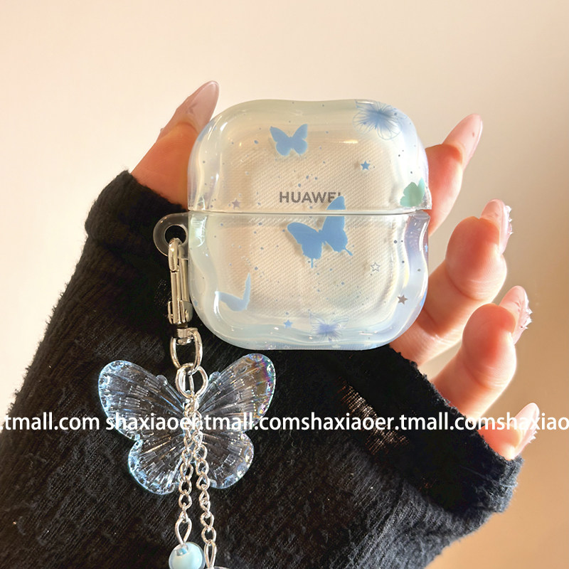 ins风蓝色蝴蝶适用HUAWEIfreebuds5/5i华为5保护套freeclip2新款buds6/6i透明蓝牙耳机壳clip1硬壳保护套韩风