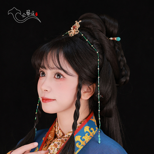 战国袍国风配饰蓝绿色头链长流苏步摇古风汉服发饰女2025新款头饰