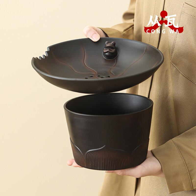 紫陶茶洗高档茶渣缸家用带盖过滤水盂废水桶茶水缸洗茶器泡茶工具