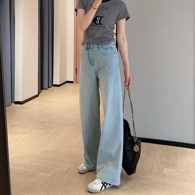 未央线 柜上1000+柔软垂感青柠绿高腰窄版阔腿直筒牛仔裤2025春夏