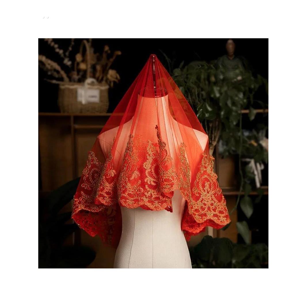 红盖头新娘半透明结婚出嫁头纱中式婚礼秀禾服喜帕网纱蒙头巾手工